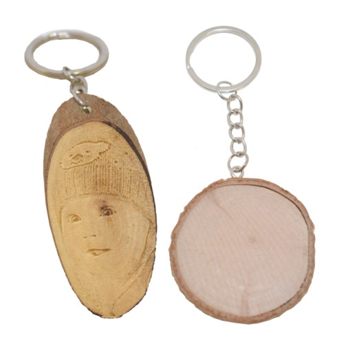 Gravírozott fa kulcstartó, egyedi fotóval vagy logóval, kör vagy ovális