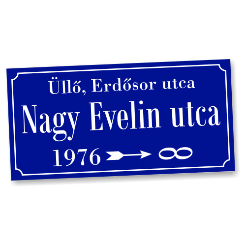 Utca tábla, 3 mm vastag PVC táblán, egyedi felirattal, 25 cm x 50 cm, kék alap, laminálással