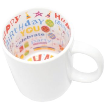   Happy birthday feliratos belsejű, kerámia bögre, fényes, 3 dl, képpel