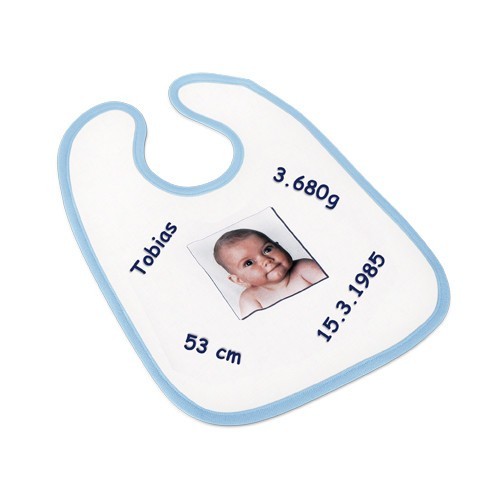 Baby partedli, egyedi képpel + felirattal, kék szegéllyel