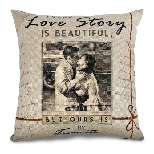 Vászon kispárna huzat + bélés, Love Story felirattal, egyedi fotóval, 38 cm x 38 cm