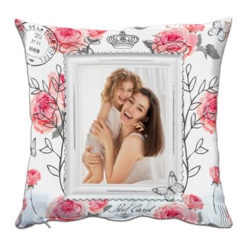   Vászon kispárna huzat, Rózsás dekorral, egyedi fotóval, 38 cm x 38 cm