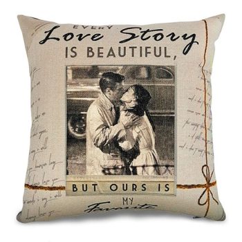   Kispárna huzat, vászon, Love story felirattal, egyedi fotóval, 38 cm x 38 cm, 